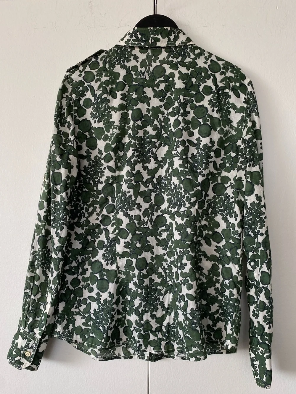 Tory Burch Womens Green White Vine Pattern Brigitte Button Up cotton top Size 6